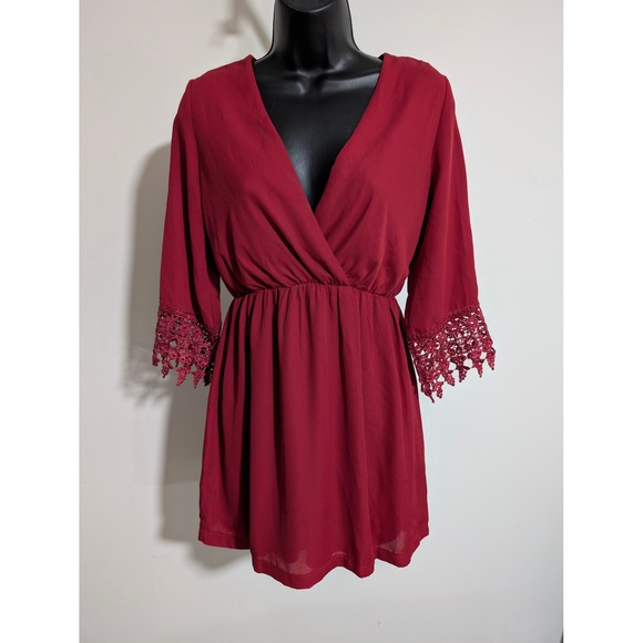 TOBI Red Dress Mini Surplice 3/4 Bell Sleeve Crochet Trim Elastic Waist Small - Picture 1 of 5